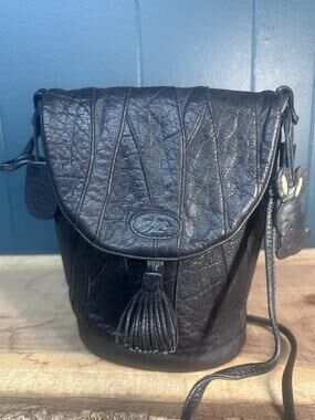 Vintage IBIZA Japan Black Leather Bucket Crossbody Bag Rabbit Charm Tassel